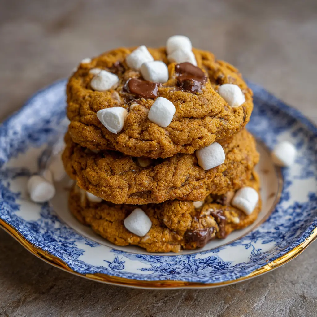 Soft pumpkin s’mores cookies with gooey marshmallows and melty chocolate