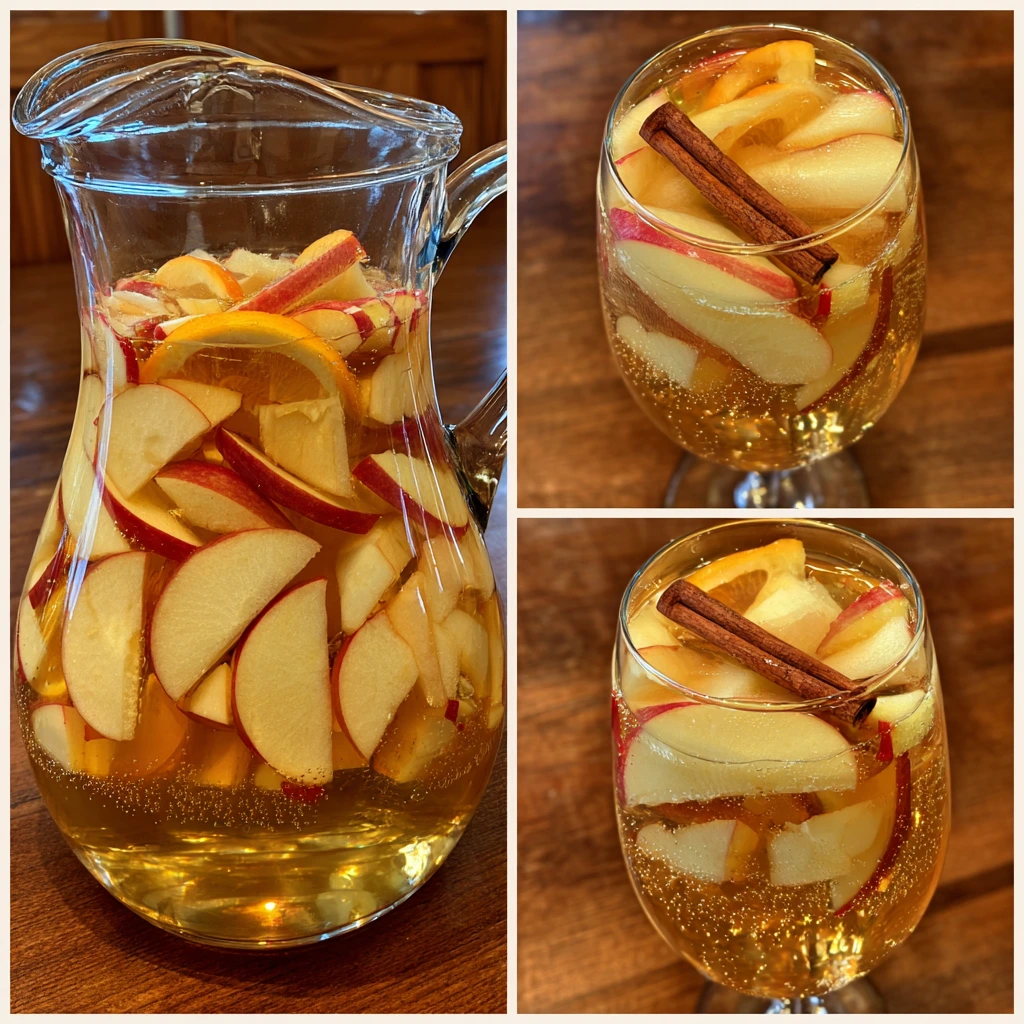 Pitcher of apple cider sangria with apple slices, orange slices, and cinnamon sticks, served in glasses over ice.