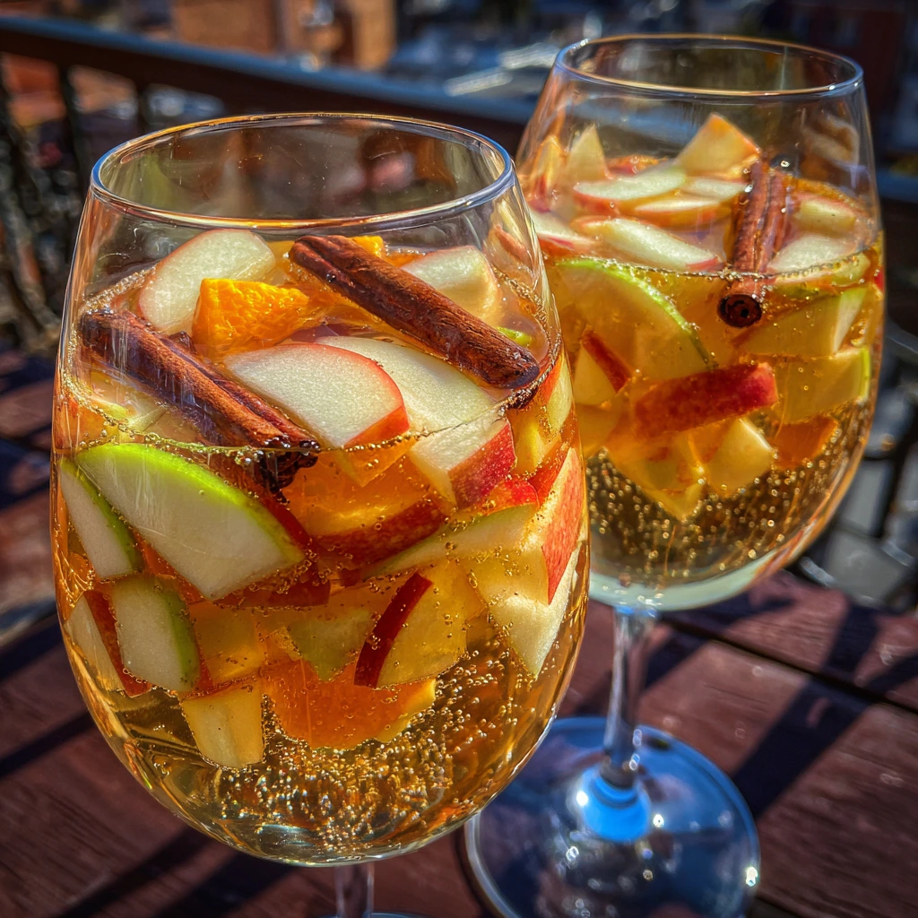 Pitcher of apple cider sangria with apple slices, orange slices, and cinnamon sticks, served in glasses over ice.