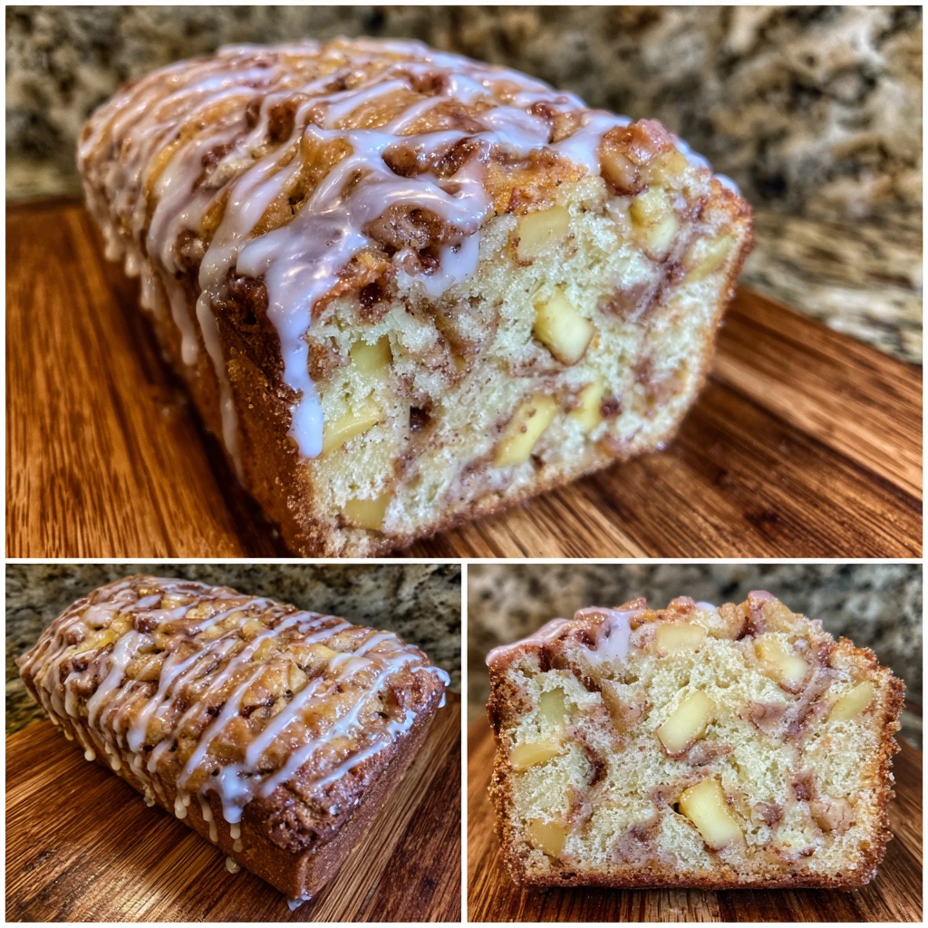 Sliced Amish apple fritter bread with glaze drizzle