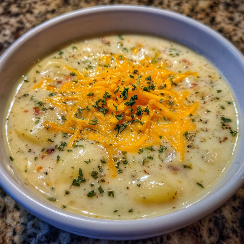 Creamy cheddar garlic herb potato soup topped with shredded cheese and herbs in a cozy bowl.