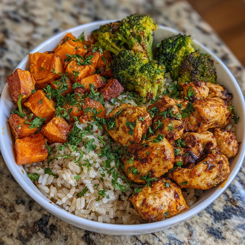 Chicken, roasted sweet potatoes, and rice in a colorful, healthy bowl.