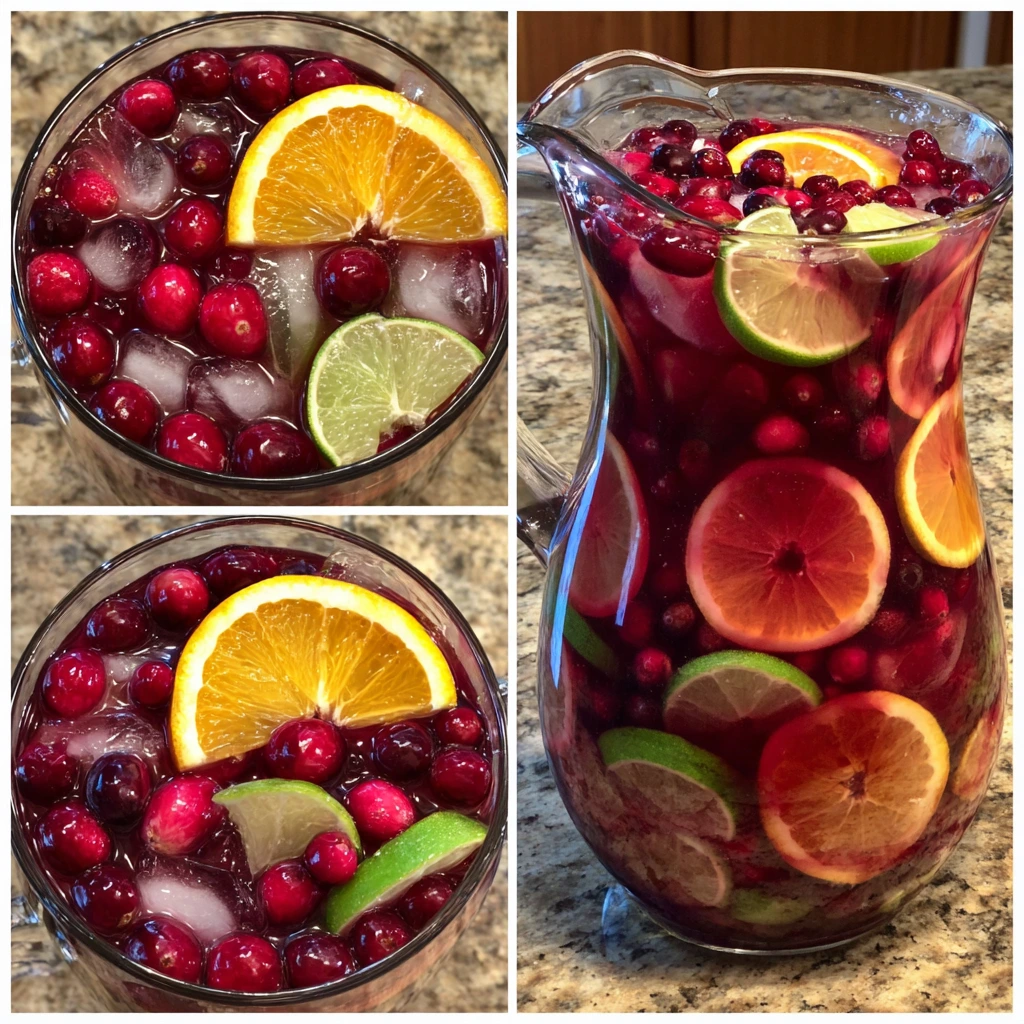 Festive cranberry orange margarita sangria with fresh citrus slices and cranberries in a pitcher.