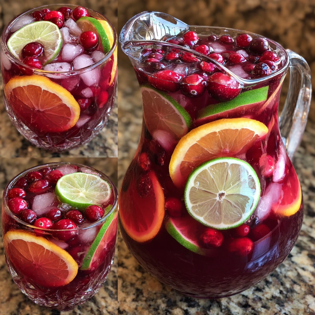 Festive cranberry orange margarita sangria with fresh citrus slices and cranberries in a pitcher.
