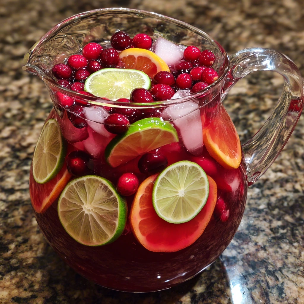 Festive cranberry orange margarita sangria with fresh citrus slices and cranberries in a pitcher.