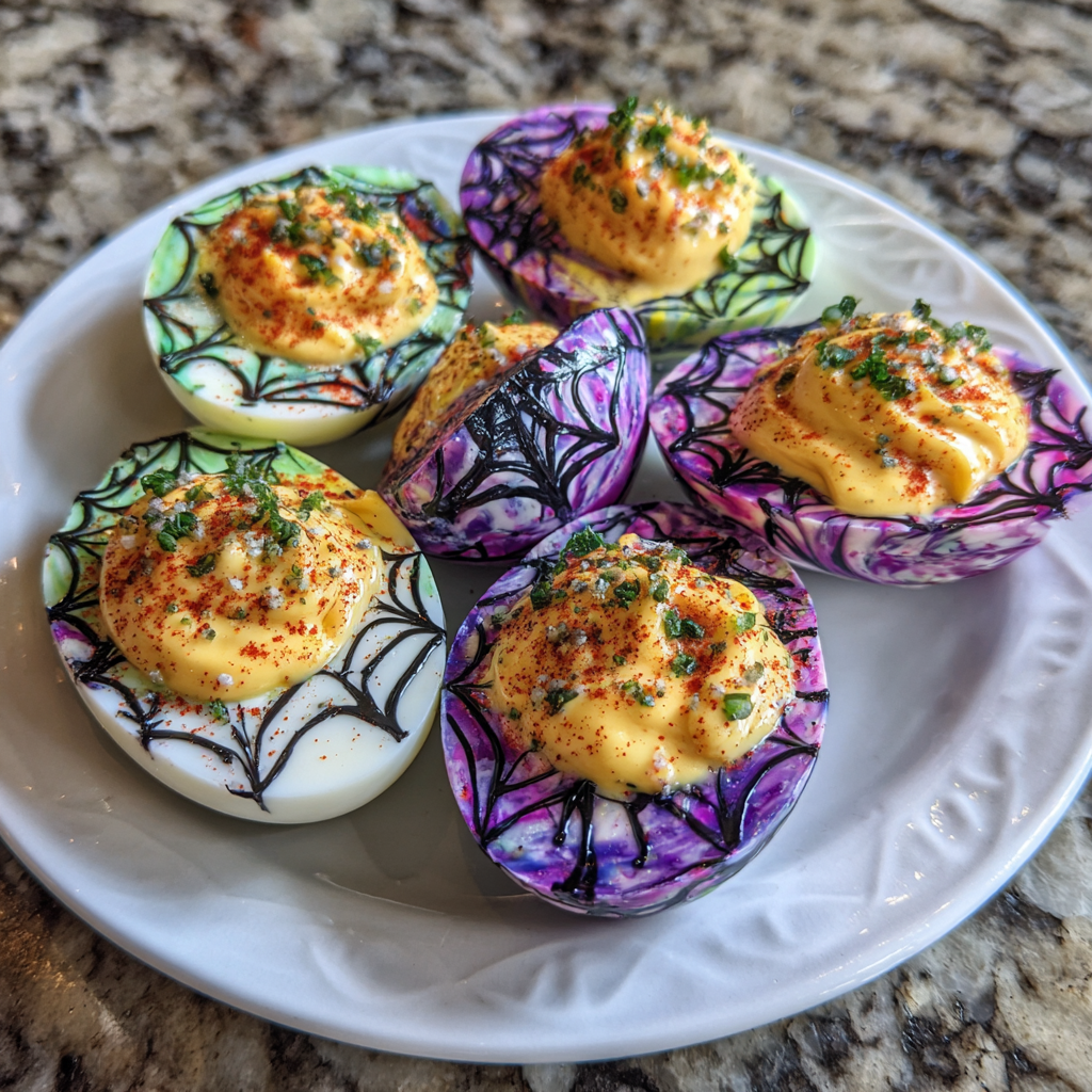Halloween-themed deviled eggs with colorful marbled egg whites and vibrant yolk filling, garnished with spooky toppings.