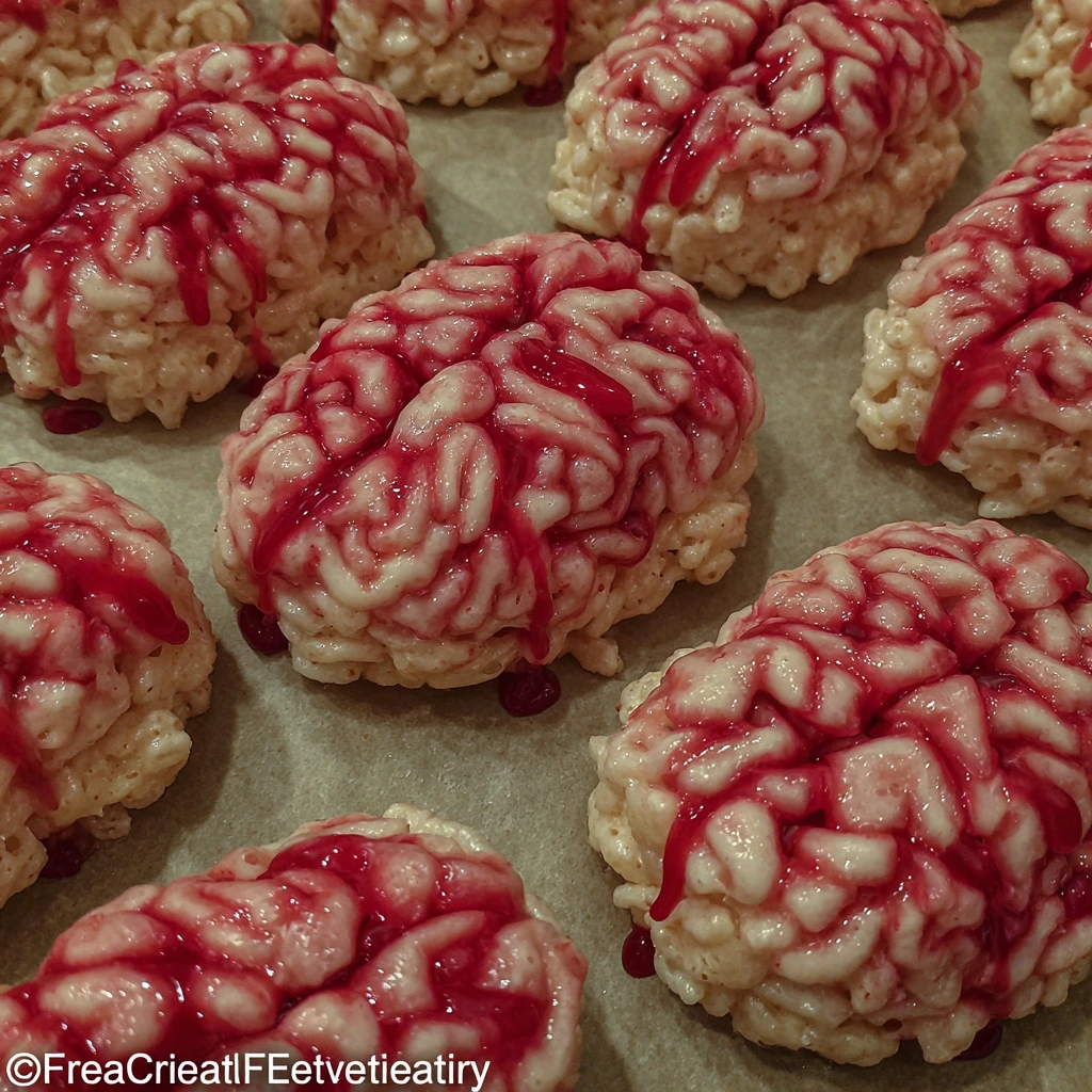 Marshmallow rice krispies shaped like brains with red drizzle.