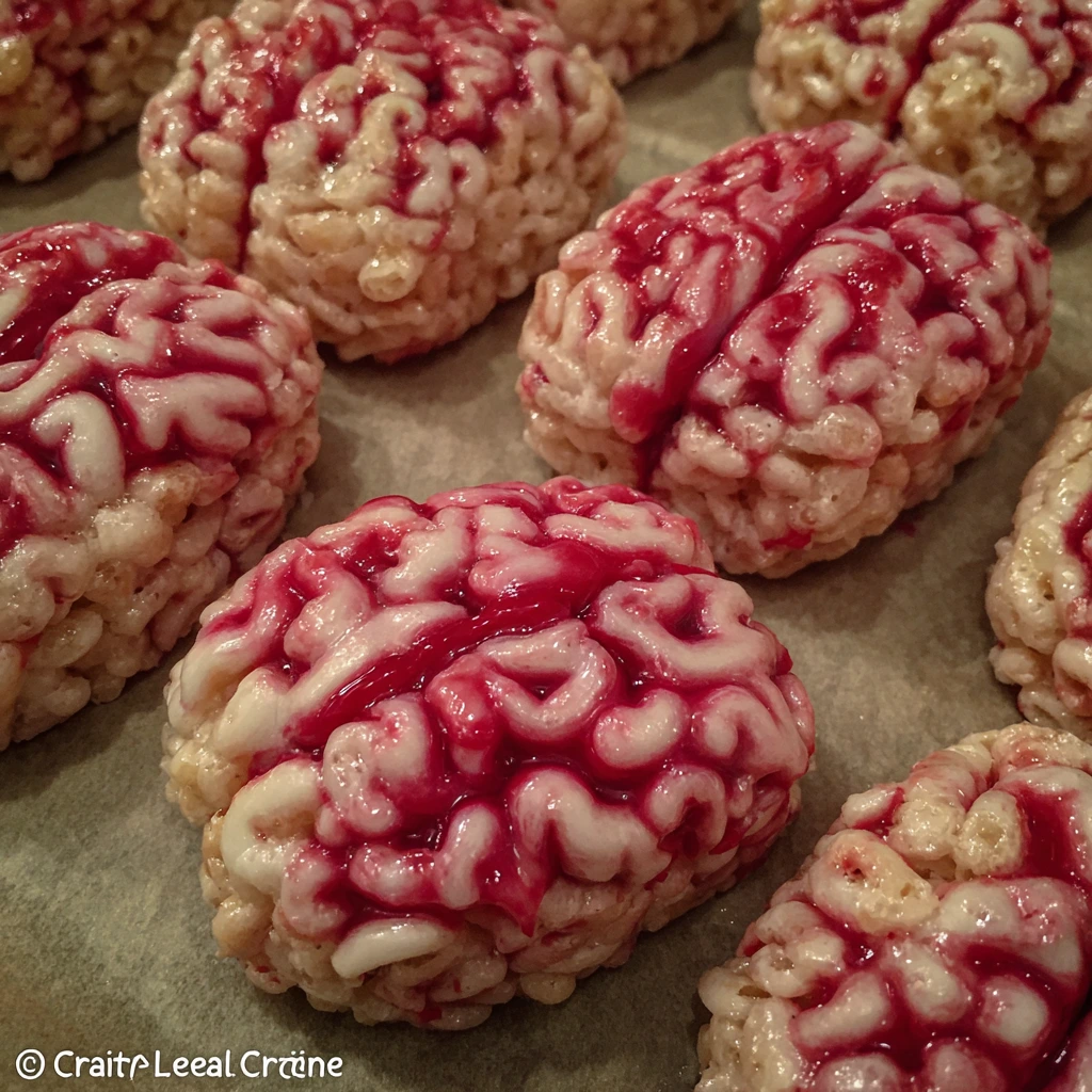Tray of rice krispie brains cooling with red icing drizzle.