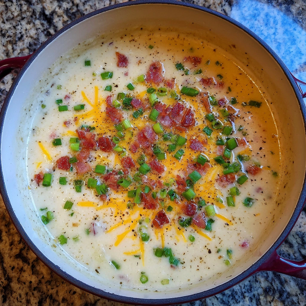 Creamy homemade potato soup recipe in a bowl topped with cheese, green onions, and parsley.