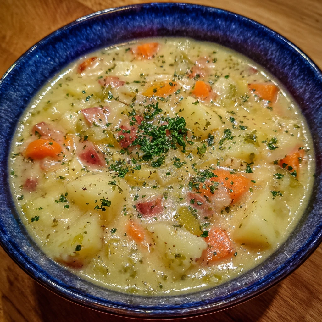 Creamy German potato soup in a bowl, garnished with parsley and vegan sausage slices.