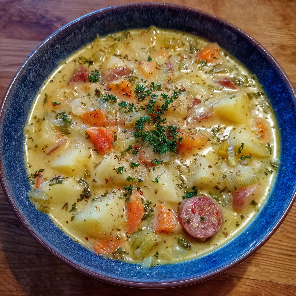 Creamy German potato soup in a bowl, garnished with parsley and vegan sausage slices.