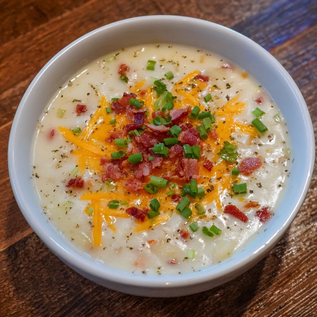 Creamy homemade potato soup in a bowl topped with cheese, green onions, and parsley.