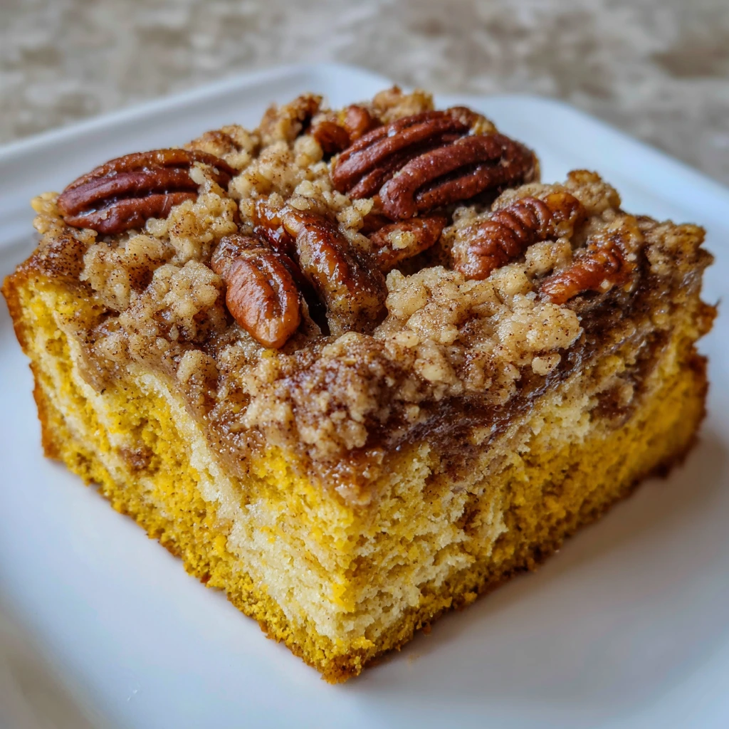 Overhead view of pumpkin coffee cake in a baking dish with crumbs on top.