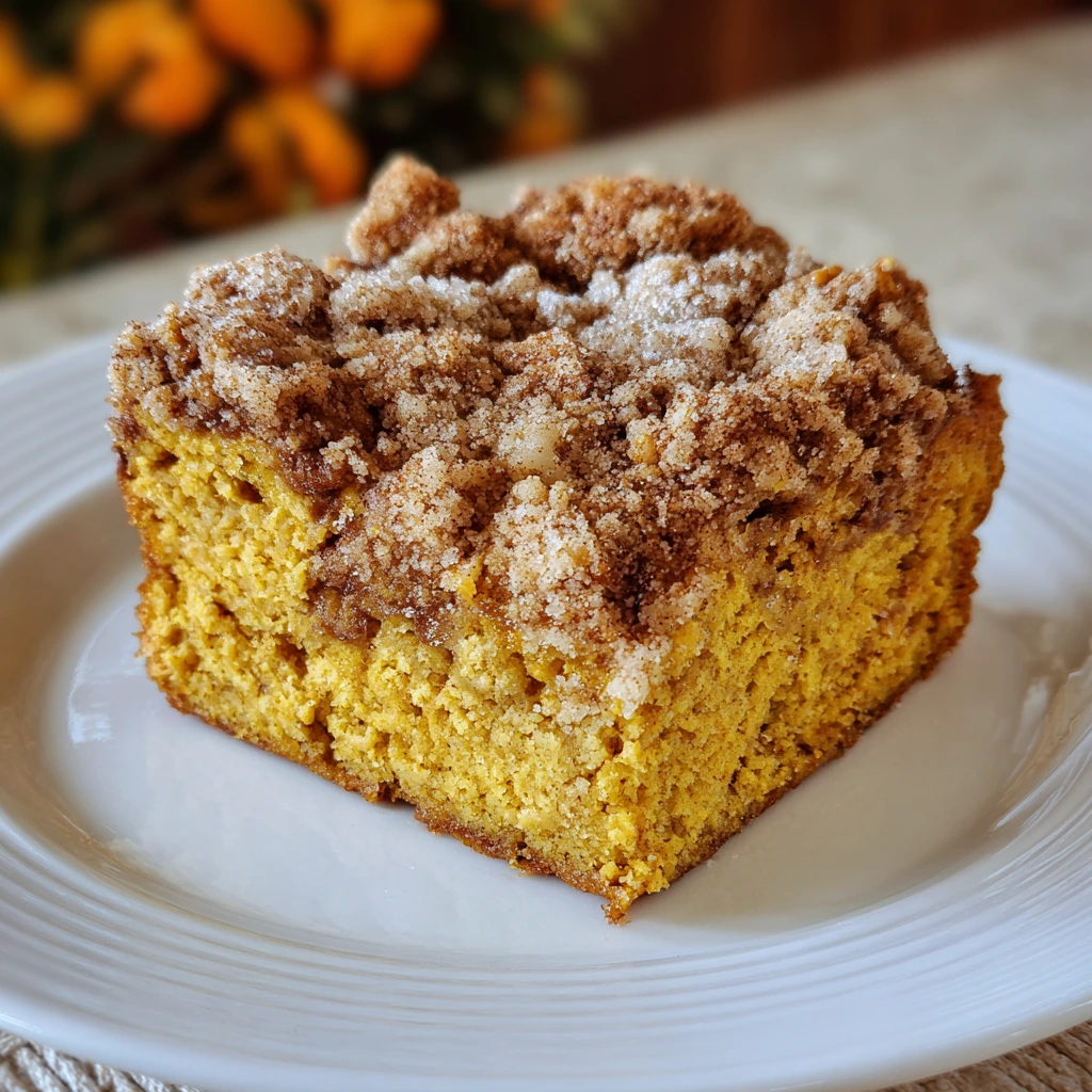Close-up of crumbly streusel topping on a slice of pumpkin coffee cake.