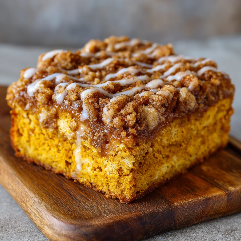Pieces of pumpkin coffee cake stacked on a rustic wooden board.