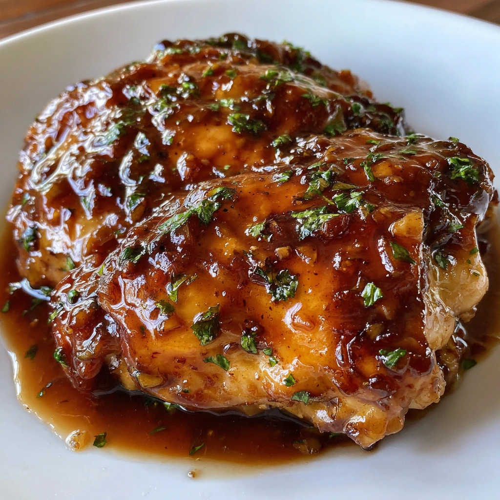 Close-up of juicy chicken breasts glazed with brown sugar garlic sauce.