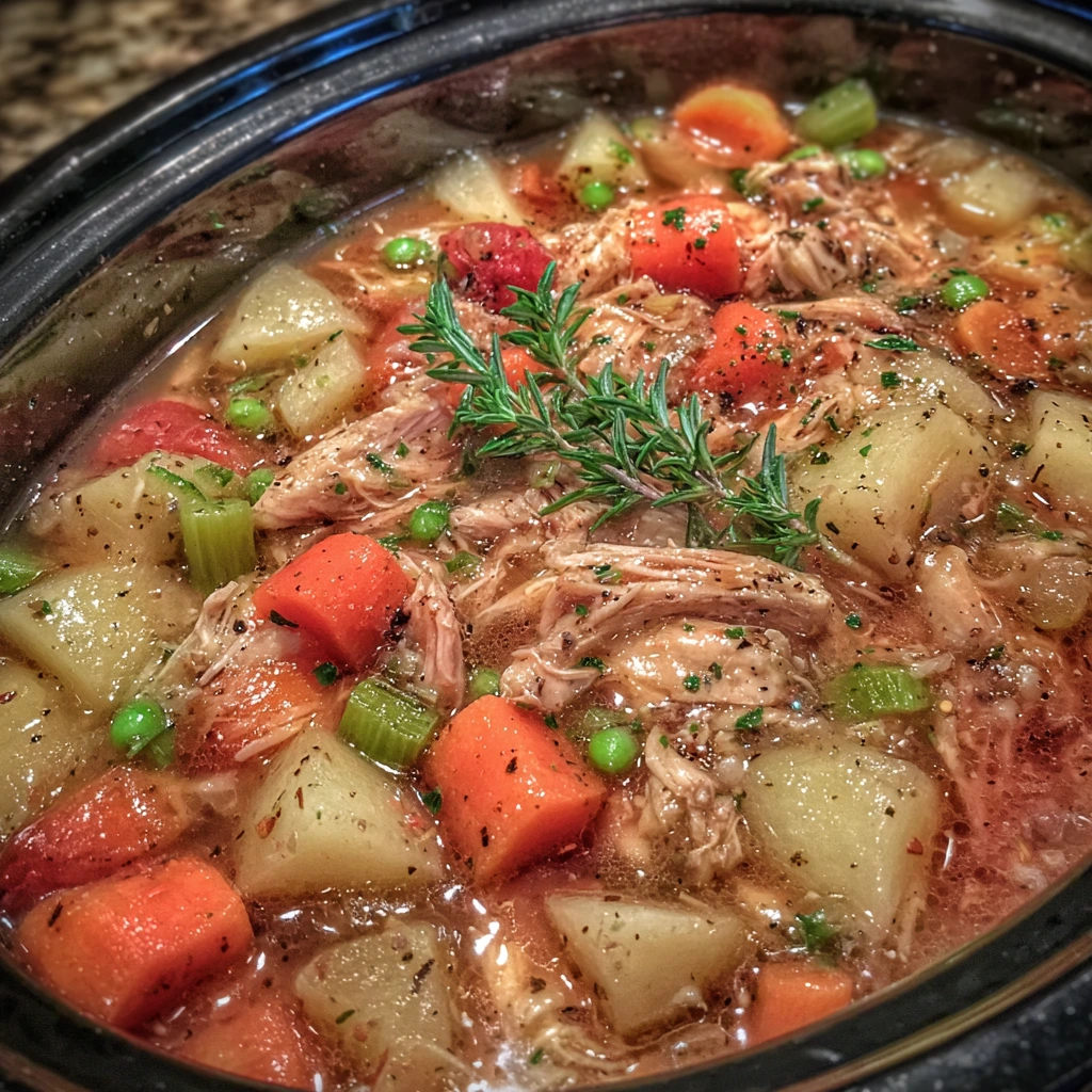 Overhead view of chicken stew simmering in a slow cooker.