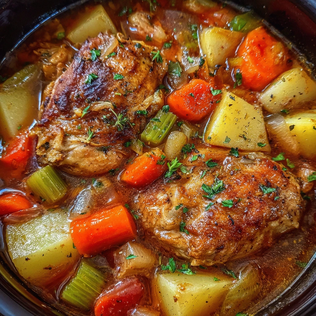 Spoon scooping up tender chicken and vegetables from a bowl of stew.