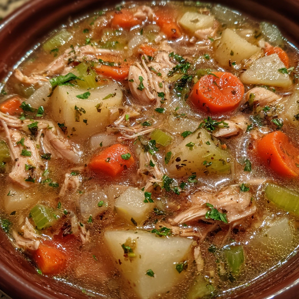 Fresh parsley sprinkled over a steaming bowl of chicken stew.