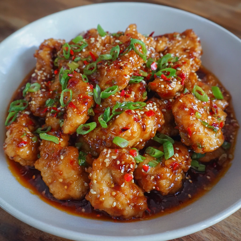 Sweet chili chicken served with sesame seeds and green onions in a white bowl.