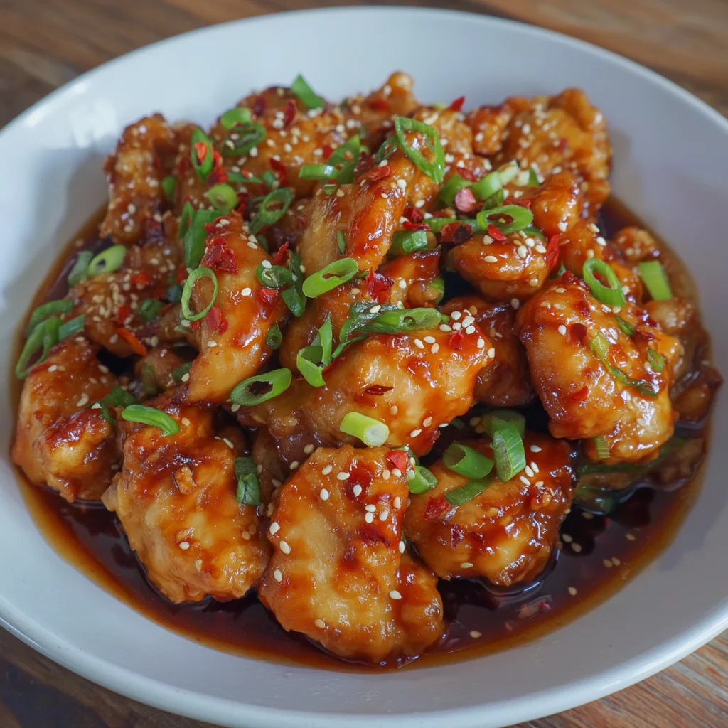 Close-up of glistening chicken pieces coated in sweet chili sauce.