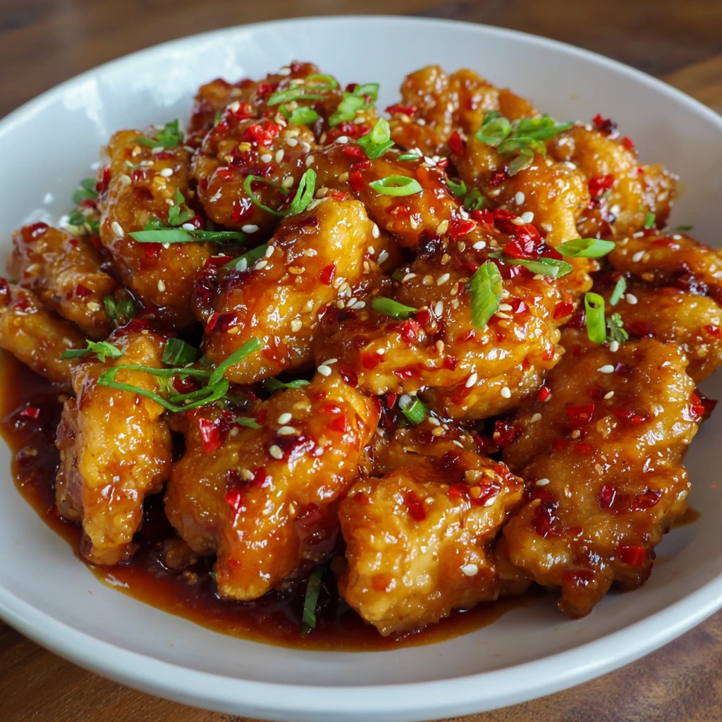 Skillet of sweet chili chicken with a garnish of fresh green onions.