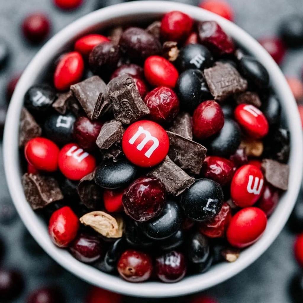 Bowl of vampire bite trail mix with nuts, dried fruit, and chocolate.