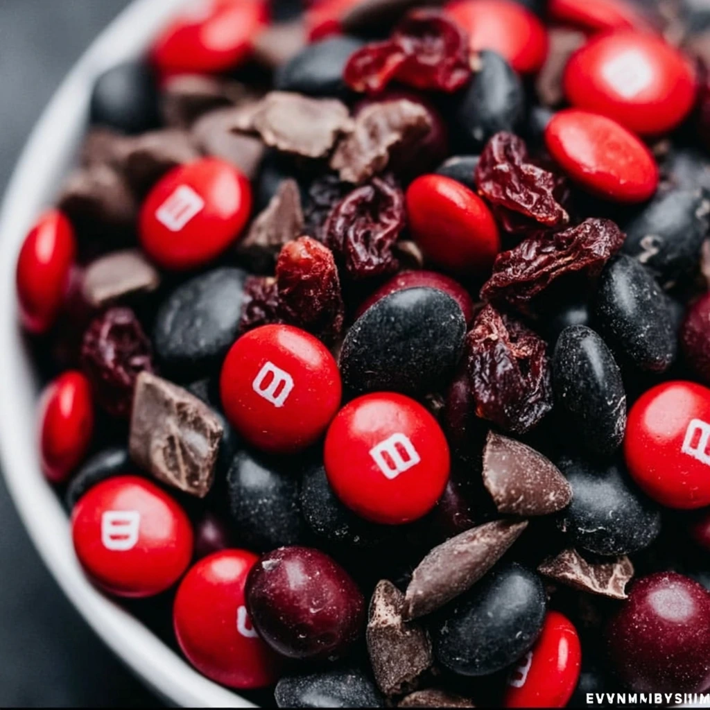 Small Halloween bowls filled with vampire bite trail mix and candy eyes.