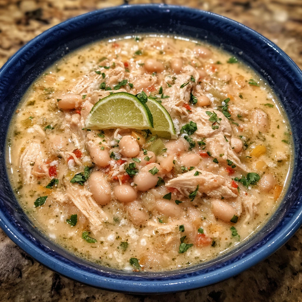 Spoon lifting a serving of creamy white chicken chili from a bowl.