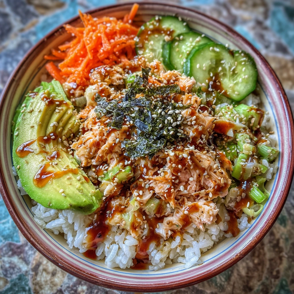 Four sushi bowls filled with rice, crab, cucumber, and avocado, ready to serve.