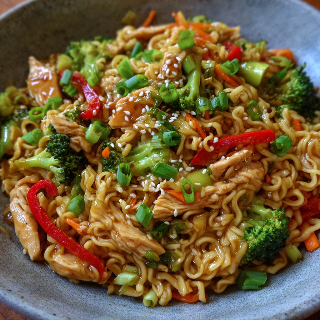 Ramen noodles tossed in a rich stir-fry sauce with chicken and vegetables