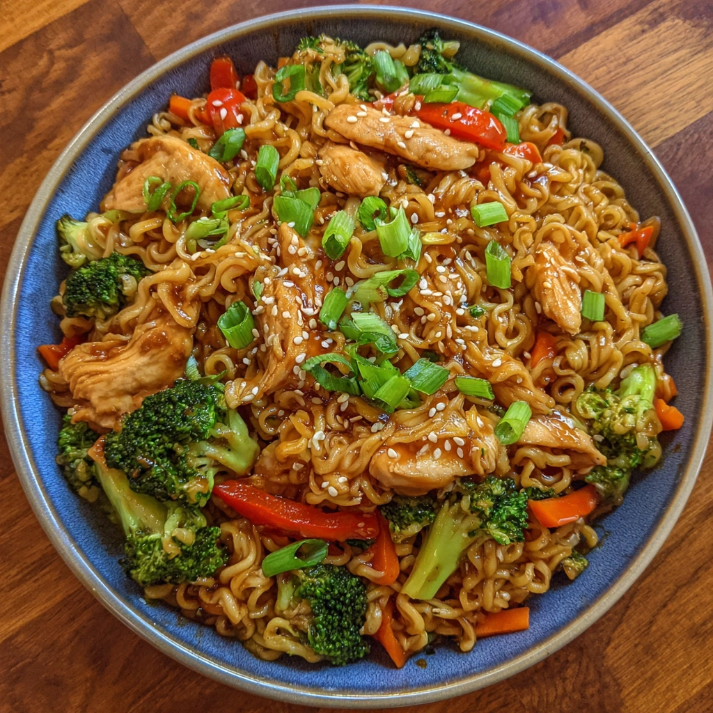 Close-up of stir-fried ramen with chicken, peppers, and sesame seeds