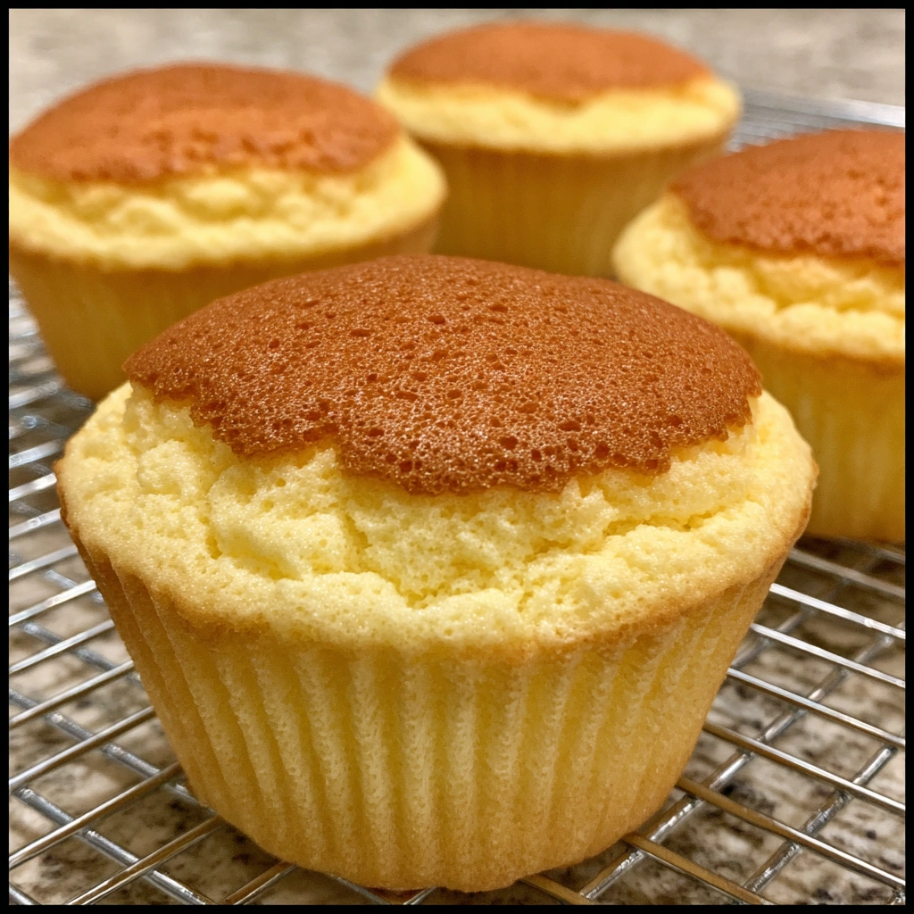 Rows of airy cheesecake cupcakes with golden tops and fluffy texture