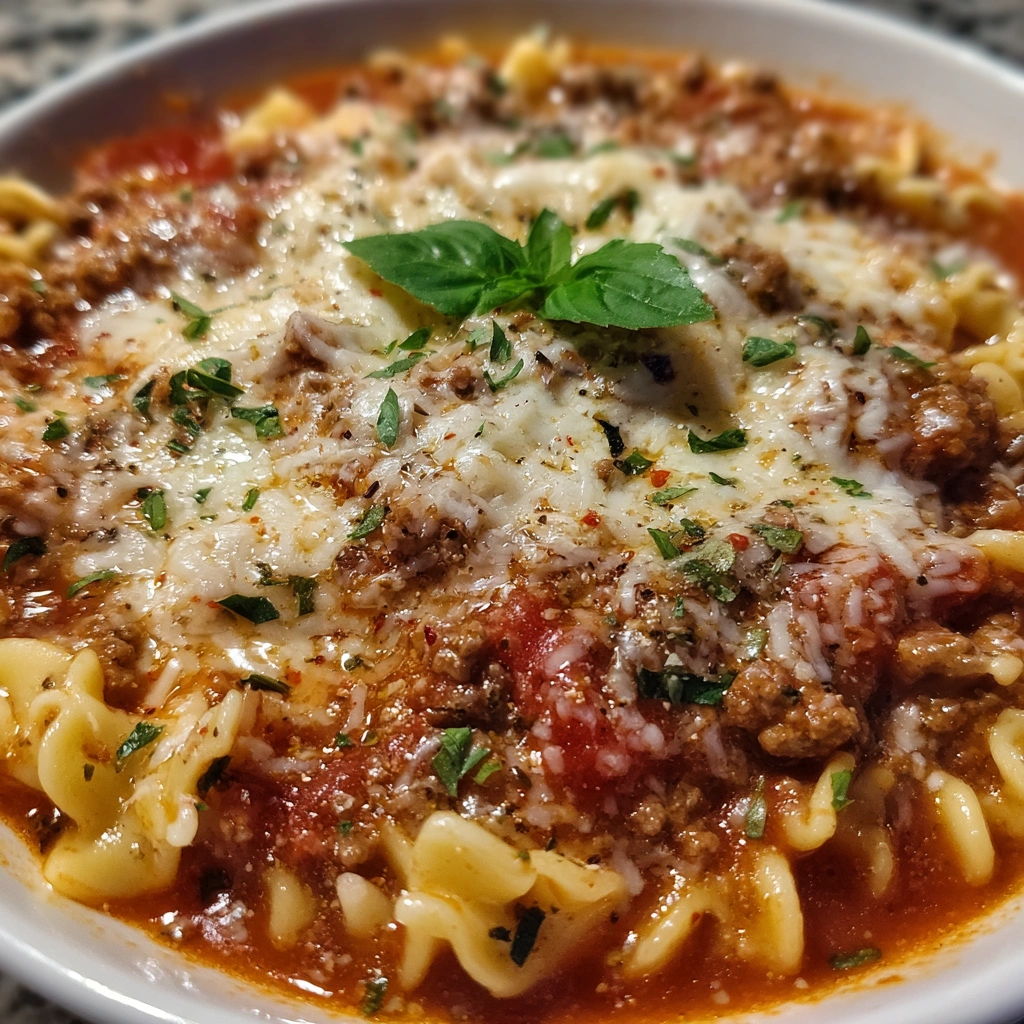Cheesy, meaty soup in a rustic bowl with fresh basil garnish