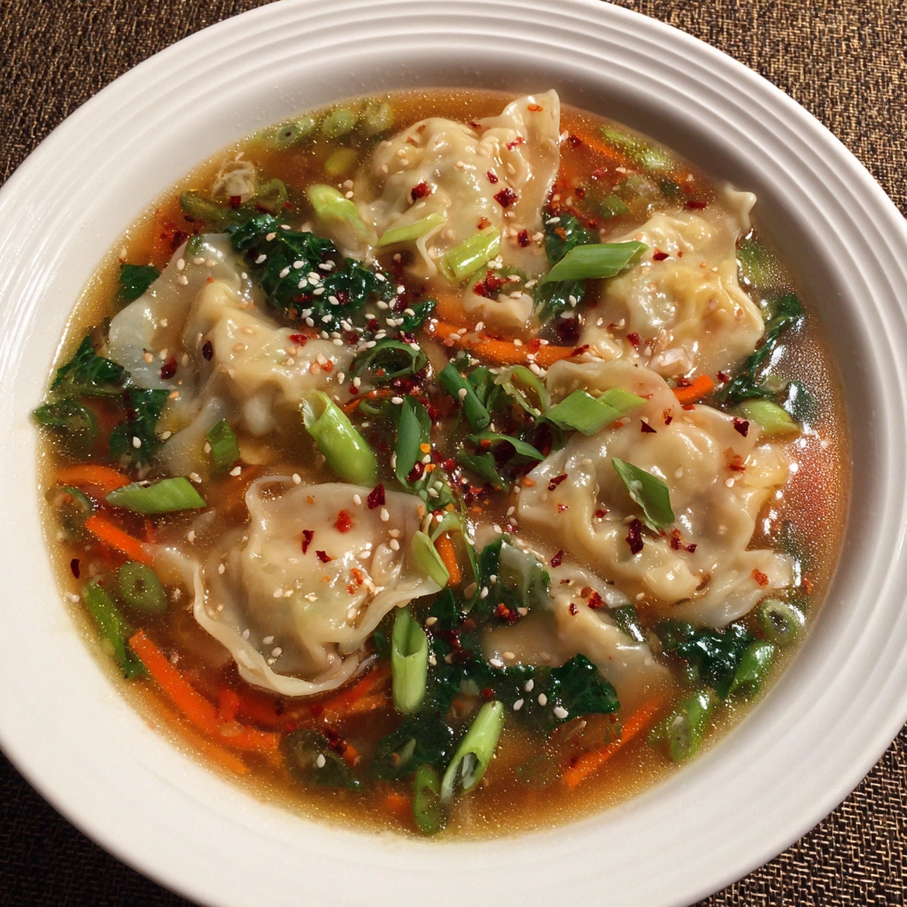 Dumplings floating in rich broth with carrots and cabbage