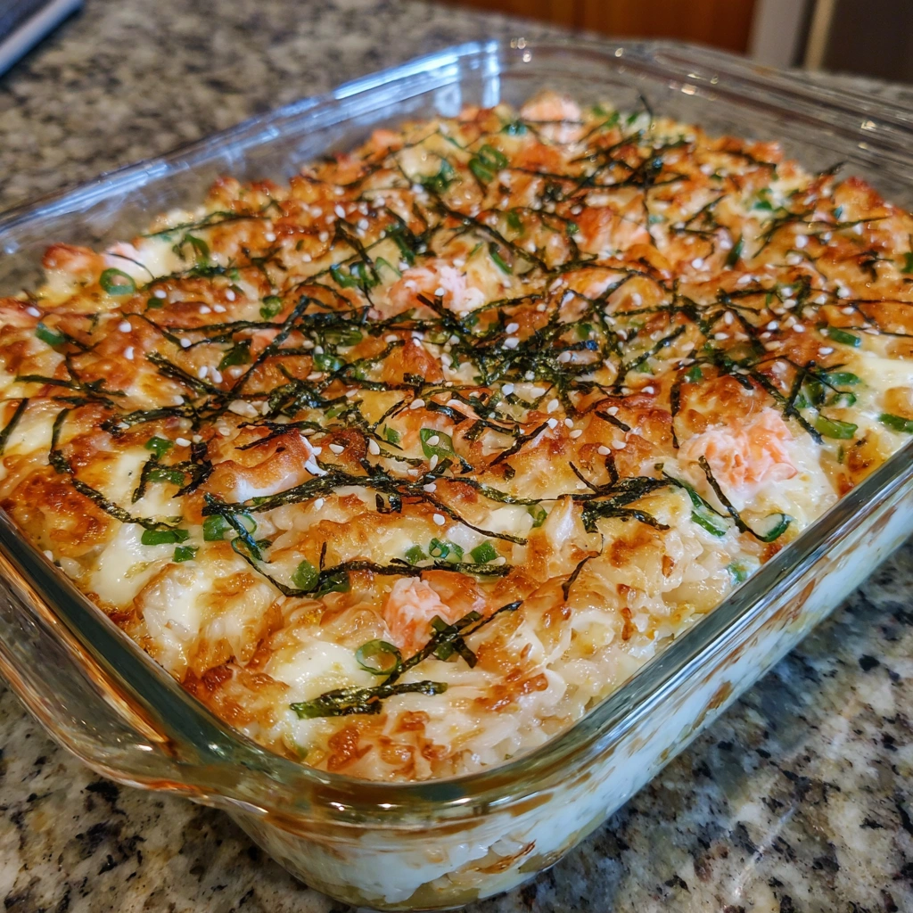 Scoops of sushi bake served with seaweed sheets for the perfect bite.