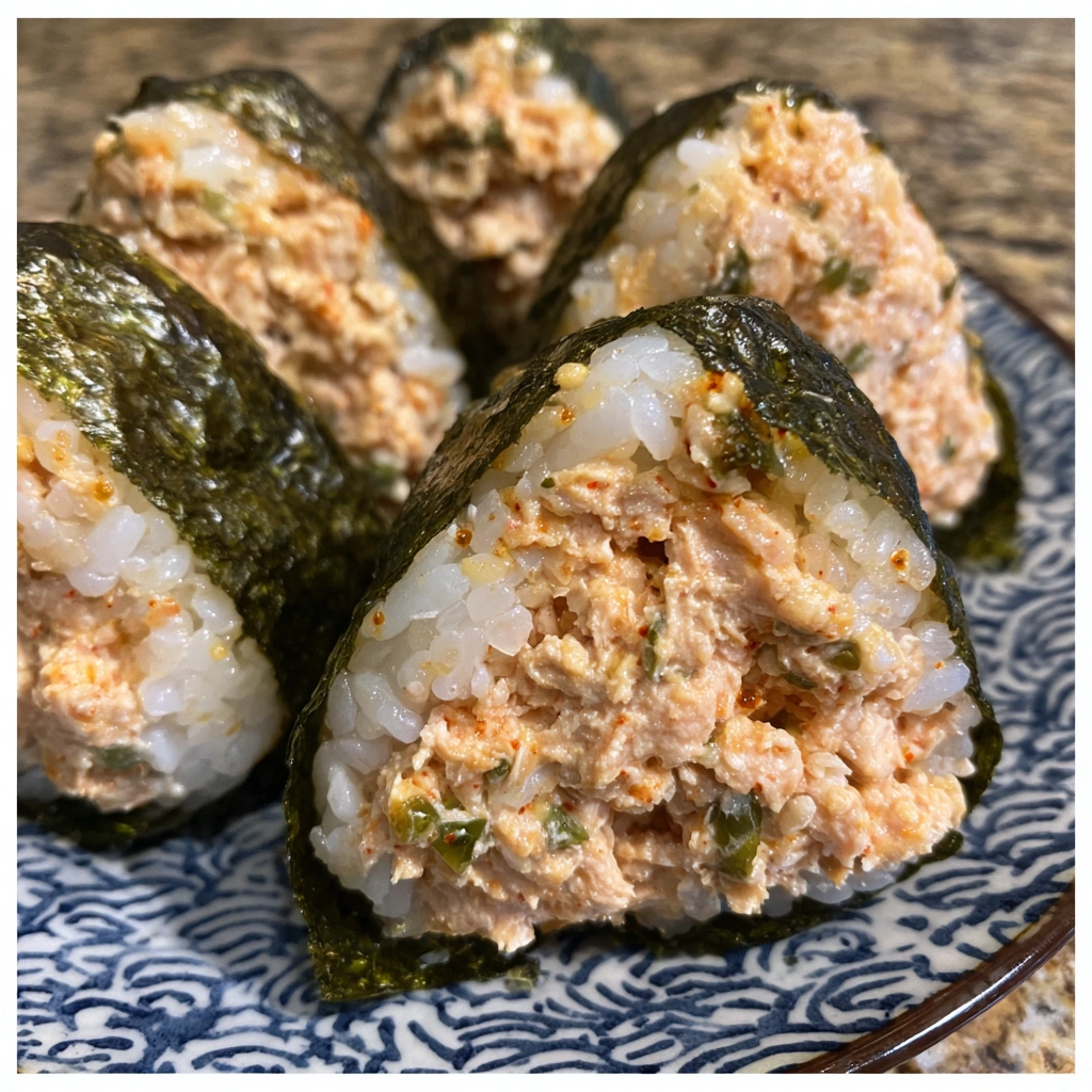 A platter of neatly shaped onigiri filled with spicy tuna and wrapped in nori.