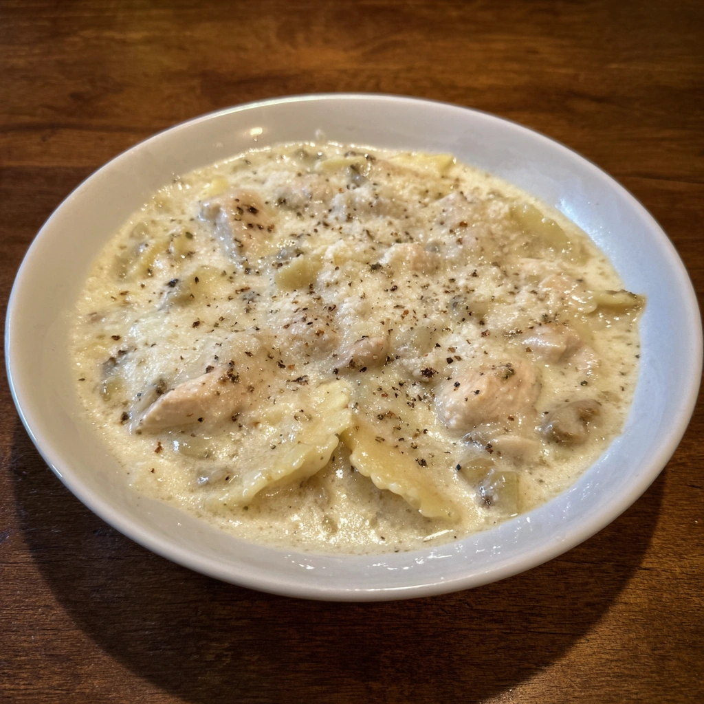 A spoonful of creamy lasagna soup with shredded chicken and cheesy noodles.