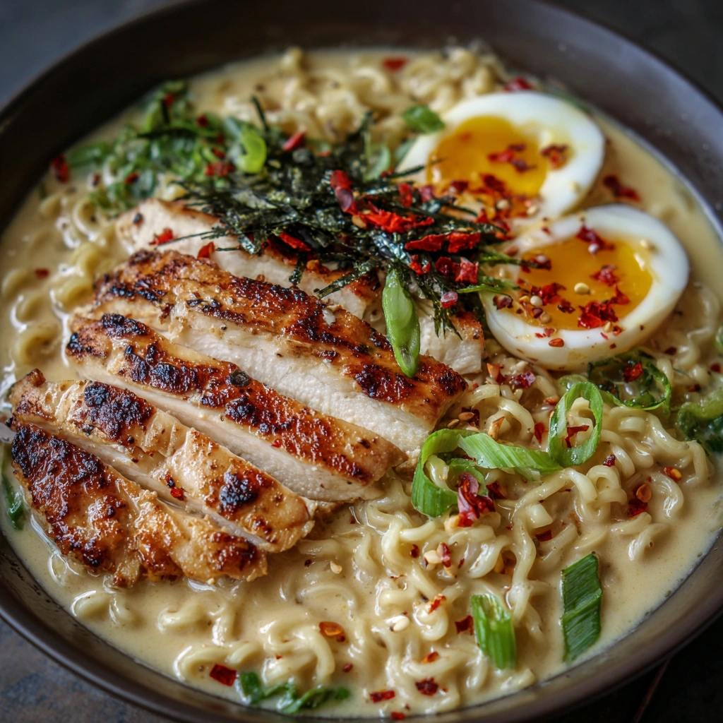 Fiery Chicken Ramen with Creamy Garlic Sauce